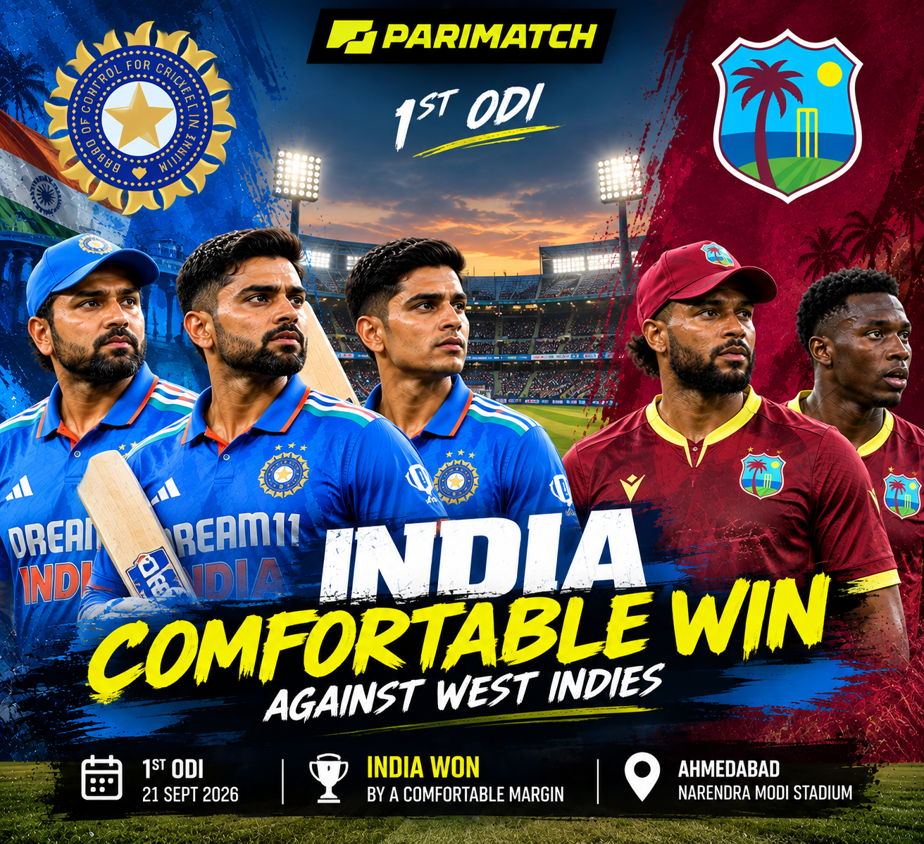 India Comfortable Win Against West Indies at 1st ODI