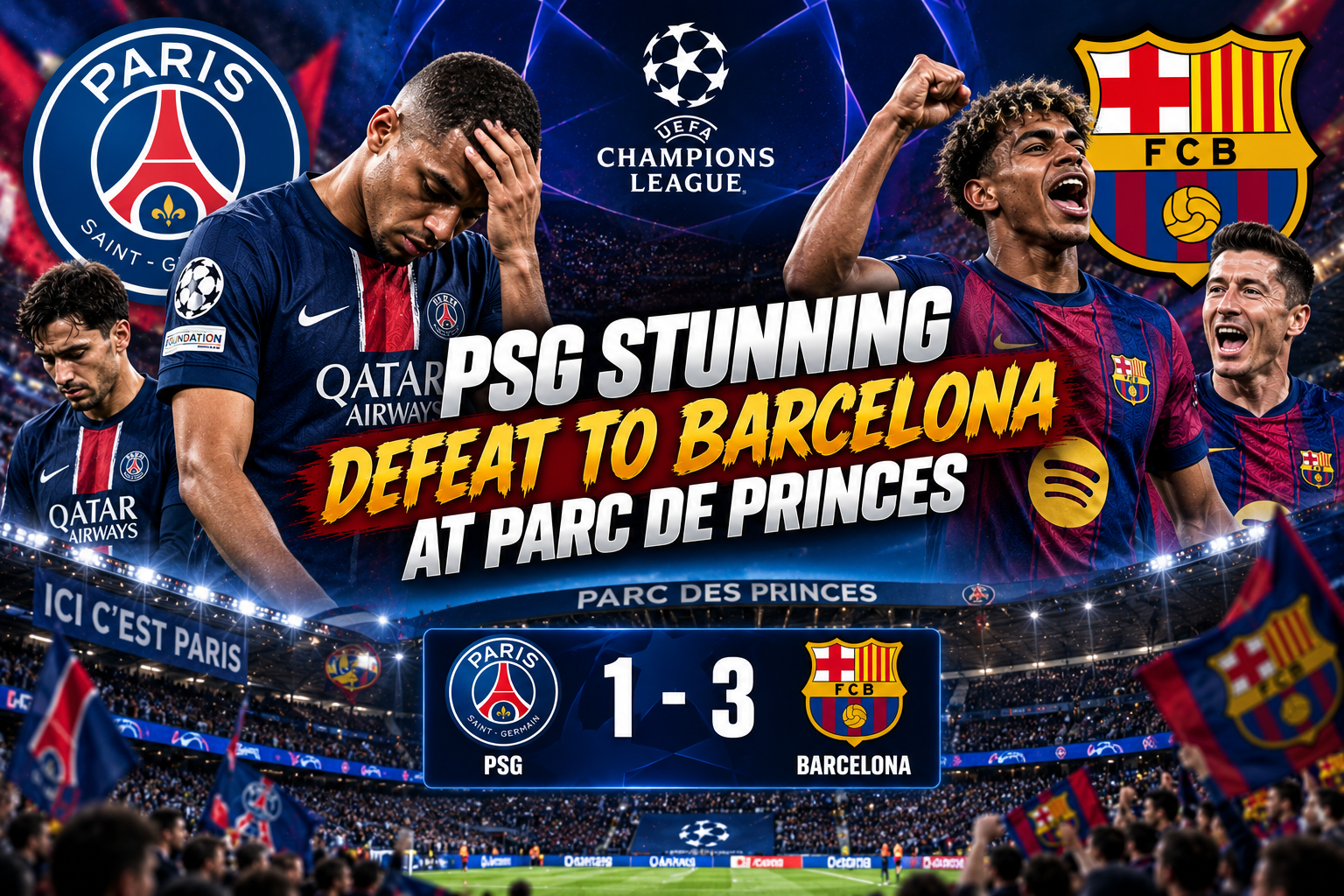 PSG Stun Barcelona at Parc des Princes with a Stunning 4–2 Champions League Victory